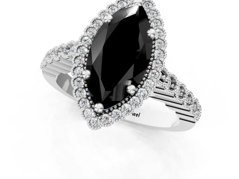 White gold Fancy Black Marquise Cut Cut Halo Pavé Solitaire Ring with Milgrain Band_1