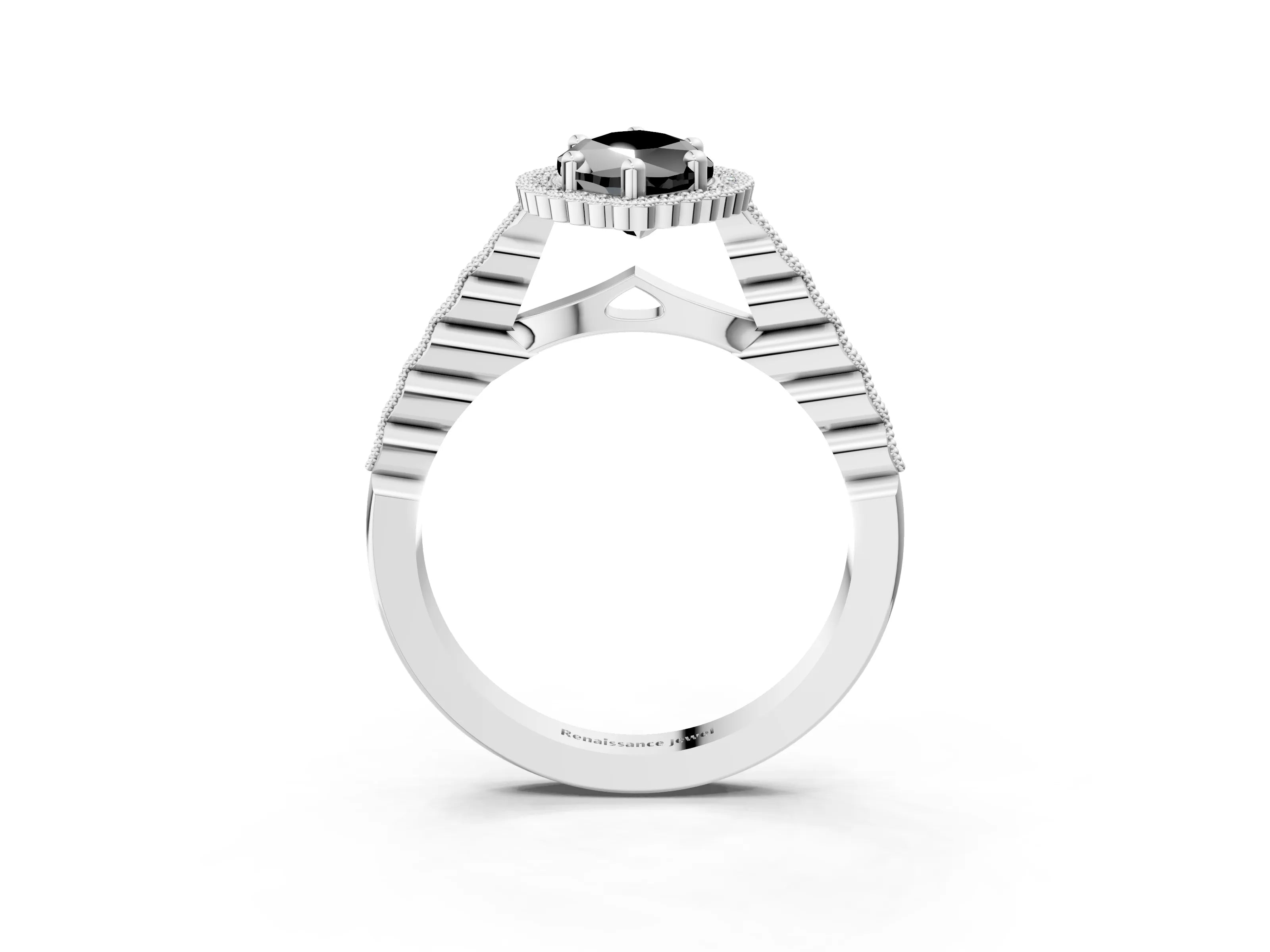 White gold Fancy Black Marquise Cut Cut Halo Pavé Solitaire Ring with Milgrain Band_3