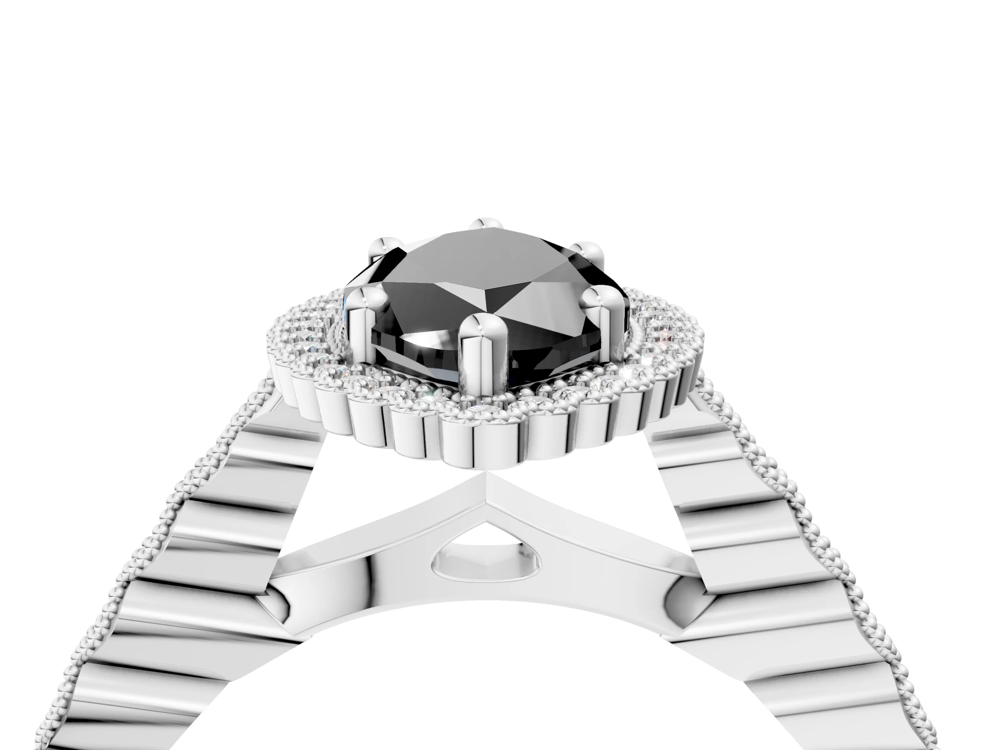 White gold Fancy Black Marquise Cut Cut Halo Pavé Solitaire Ring with Milgrain Band_4