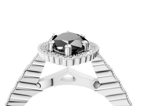 White gold Fancy Black Marquise Cut Cut Halo Pavé Solitaire Ring with Milgrain Band_4