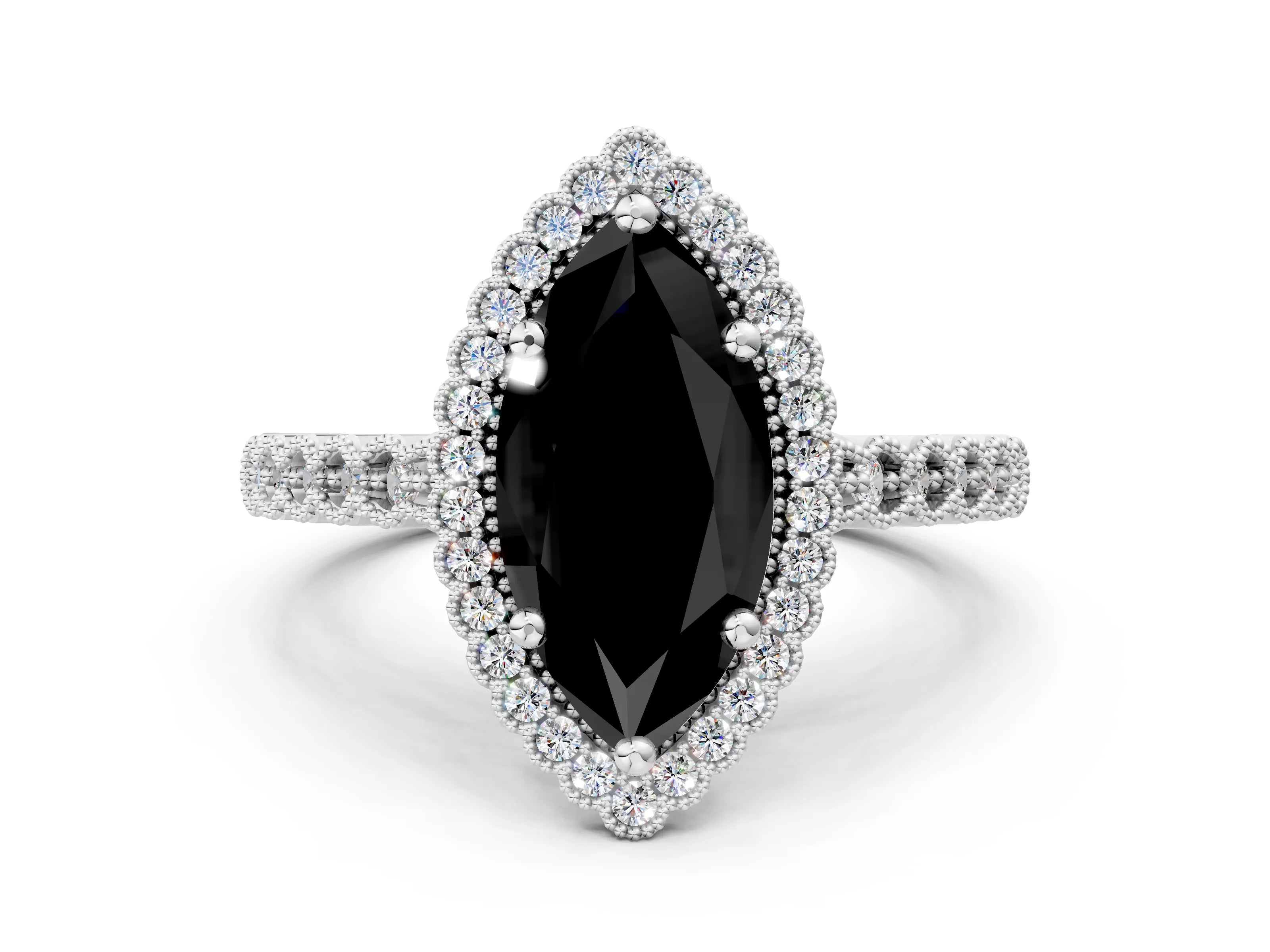 White gold Fancy Black Marquise Cut Cut Halo Pavé Solitaire Ring with Milgrain Band