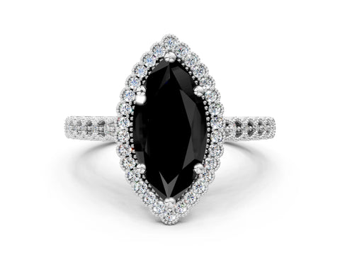 White gold Fancy Black Marquise Cut Cut Halo Pavé Solitaire Ring with Milgrain Band