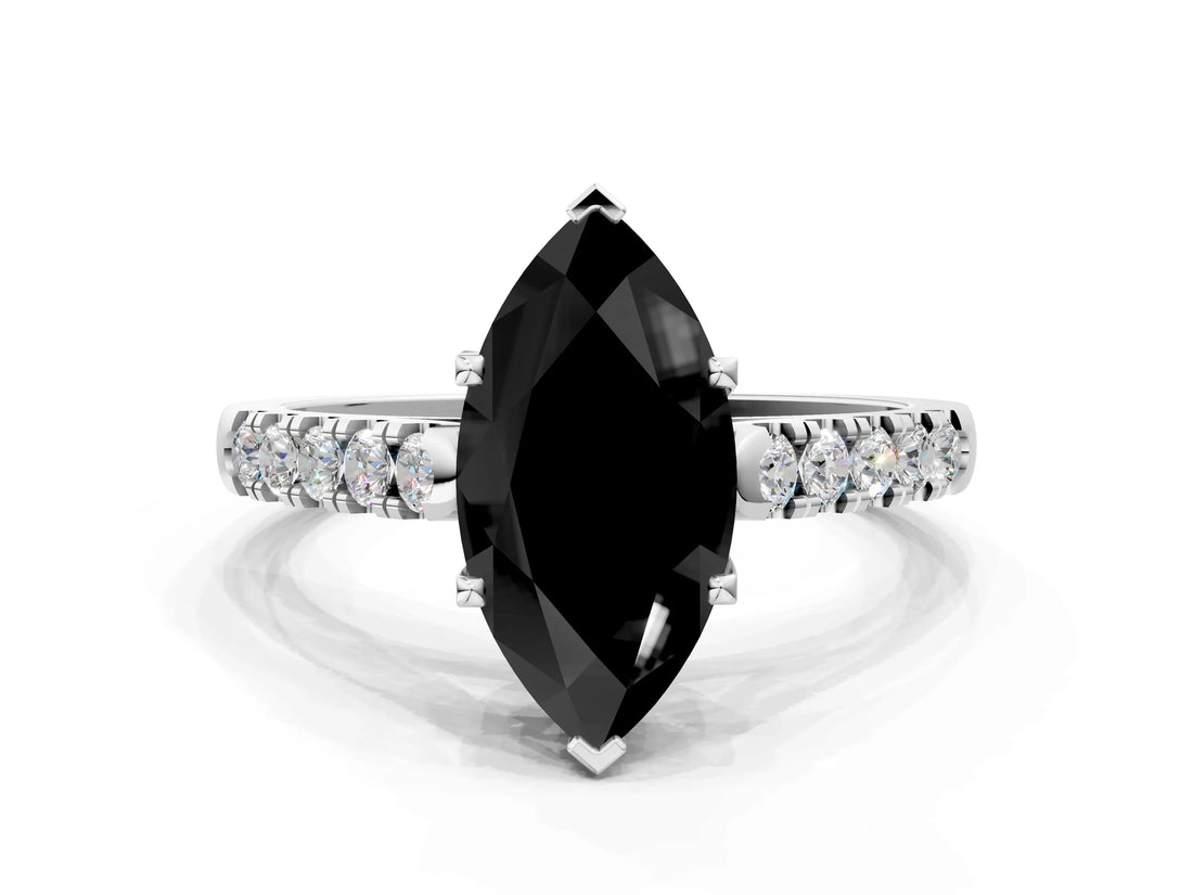 White gold Fancy Black Marquise Cut Cut Pavé Band Solitaire Ring with Four-Prong Setting