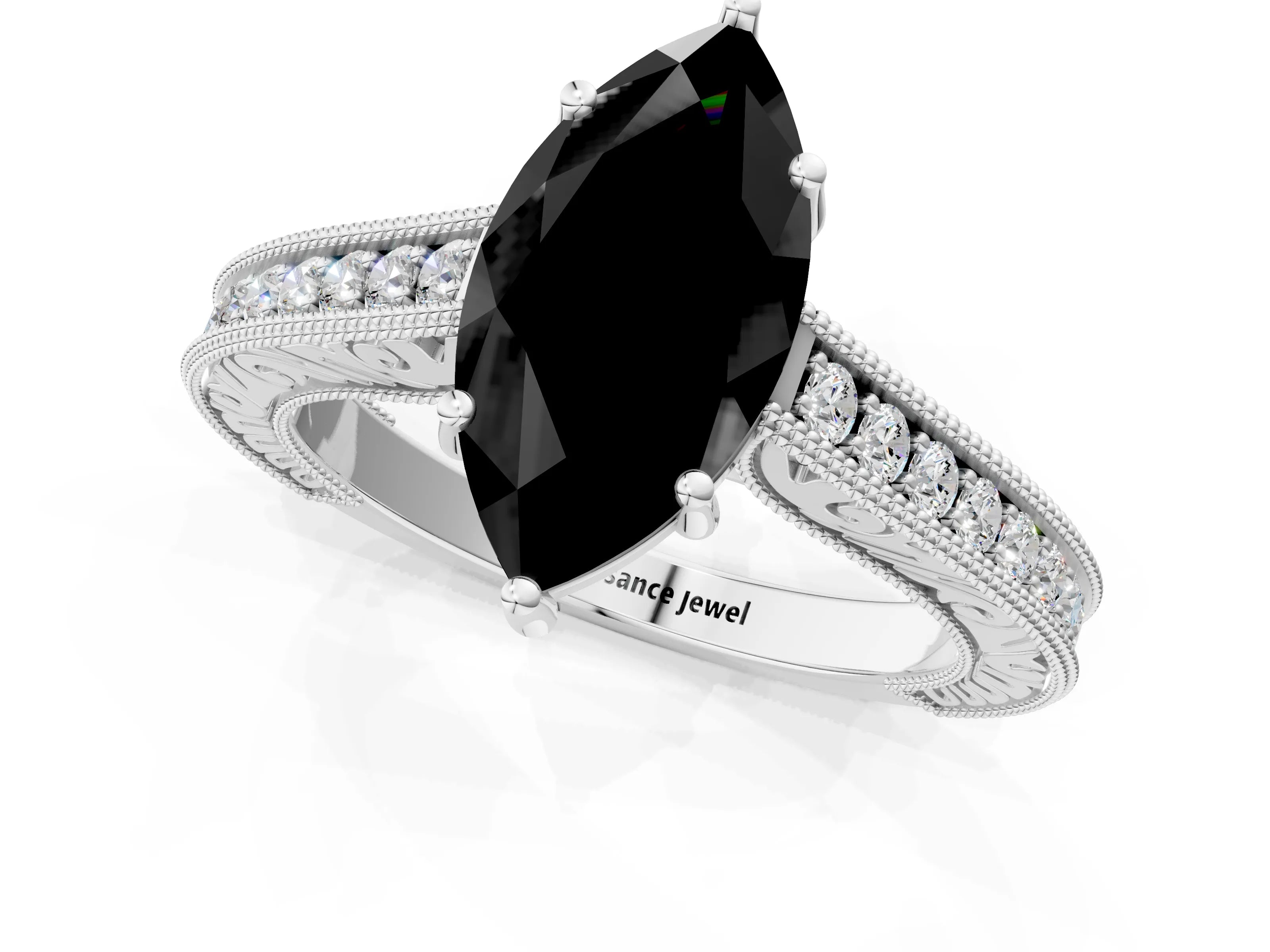 White gold Fancy Black Marquise Cut Cut Pave Band Milgrain Solitaire Ring_1