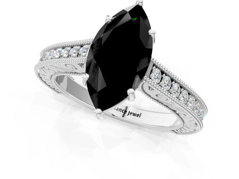 White gold Fancy Black Marquise Cut Cut Pave Band Milgrain Solitaire Ring_13