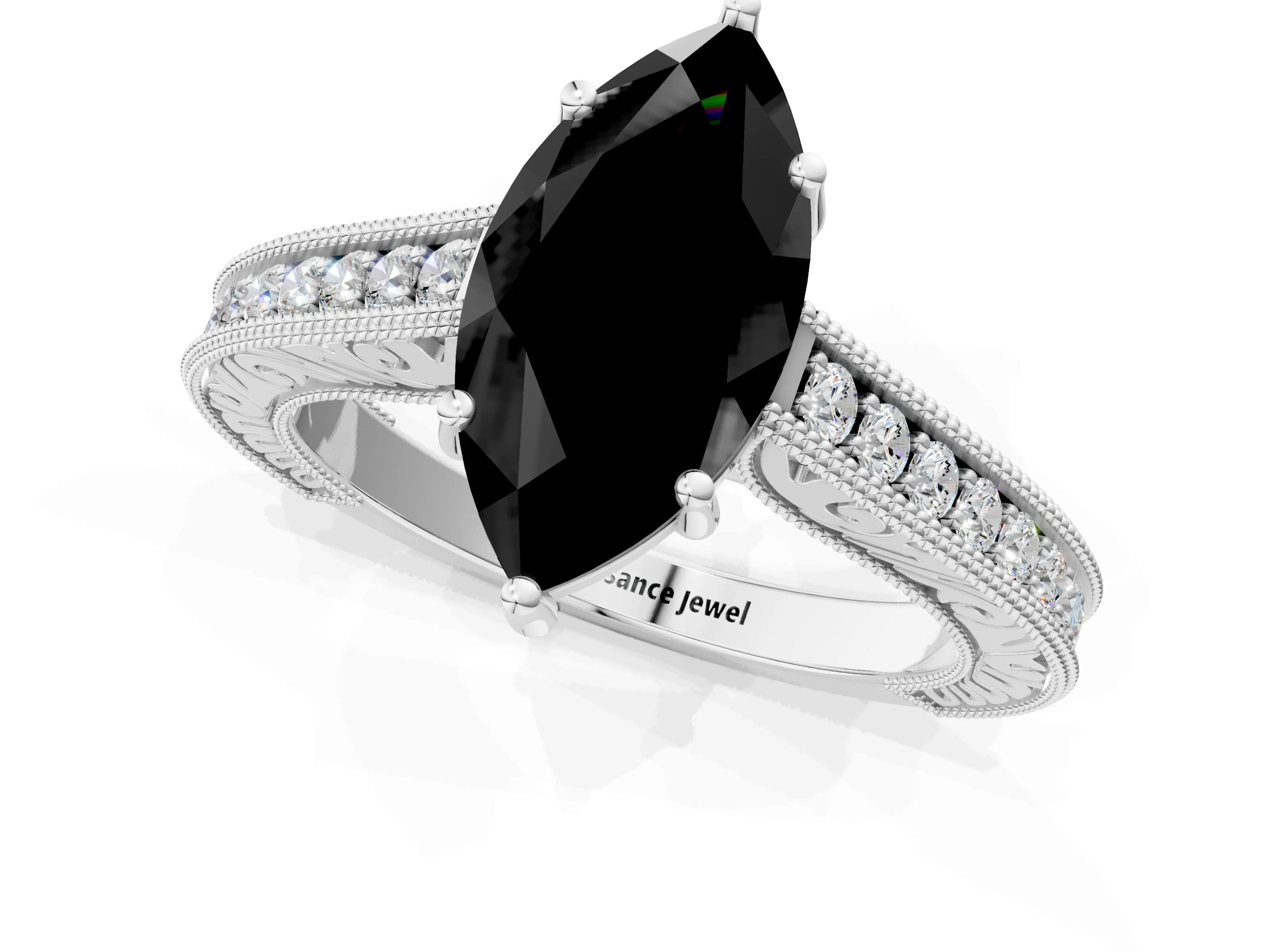 White gold Fancy Black Marquise Cut Cut Pave Band Milgrain Solitaire Ring_19