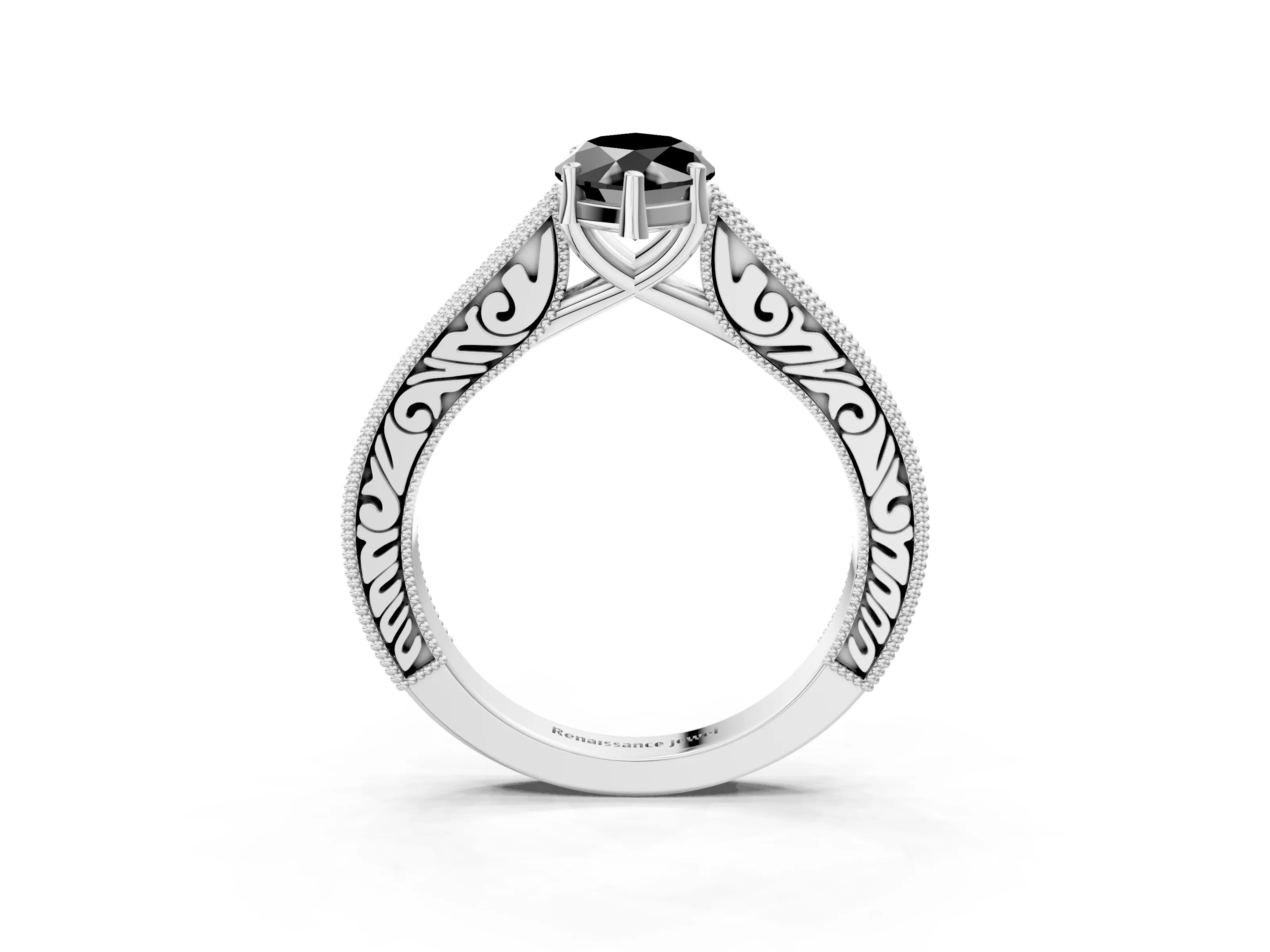 White gold Fancy Black Marquise Cut Cut Pave Band Milgrain Solitaire Ring_3