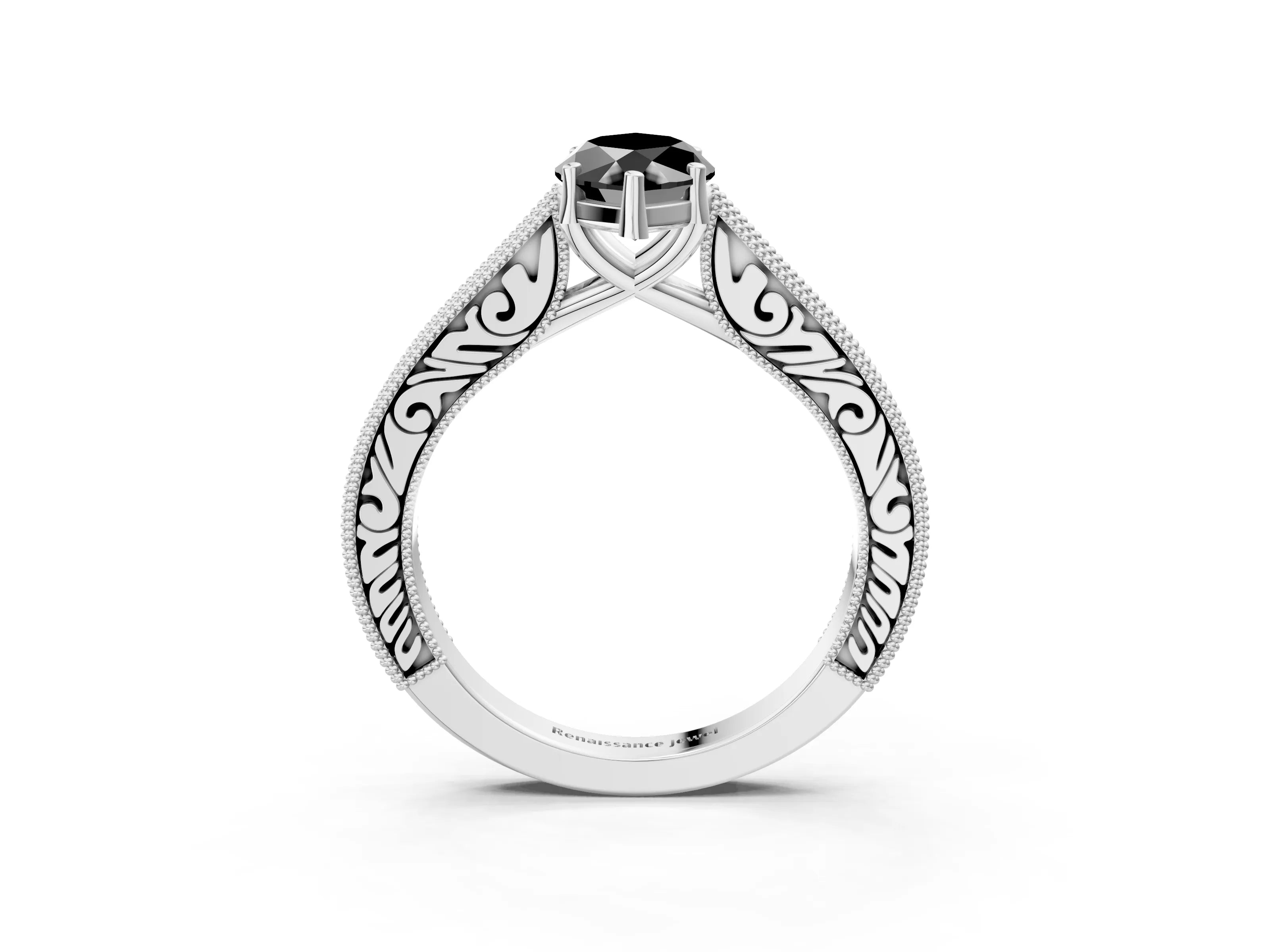 White gold Fancy Black Marquise Cut Cut Pave Band Milgrain Solitaire Ring_3
