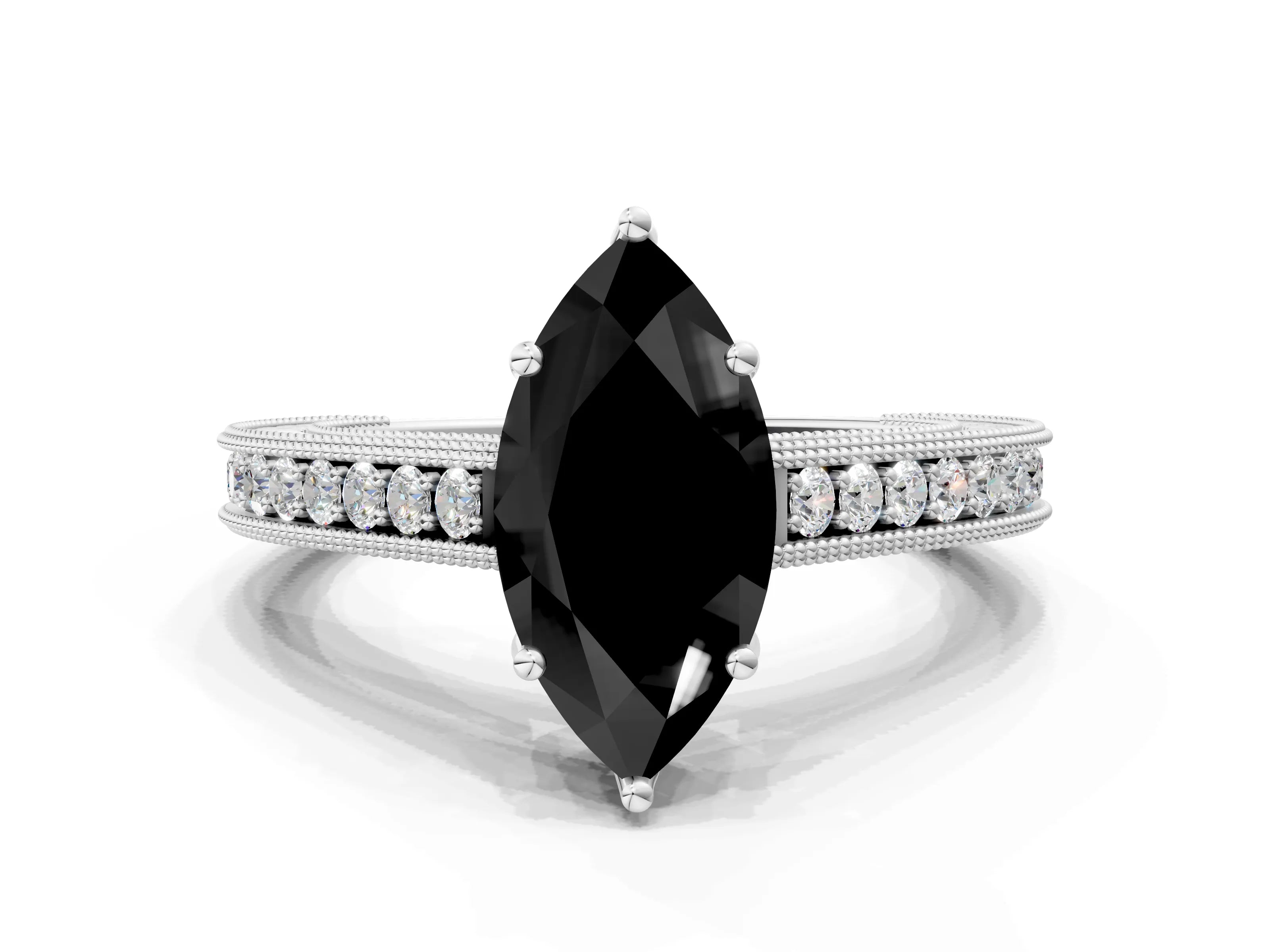 White gold Fancy Black Marquise Cut Cut Pave Band Milgrain Solitaire Ring_6