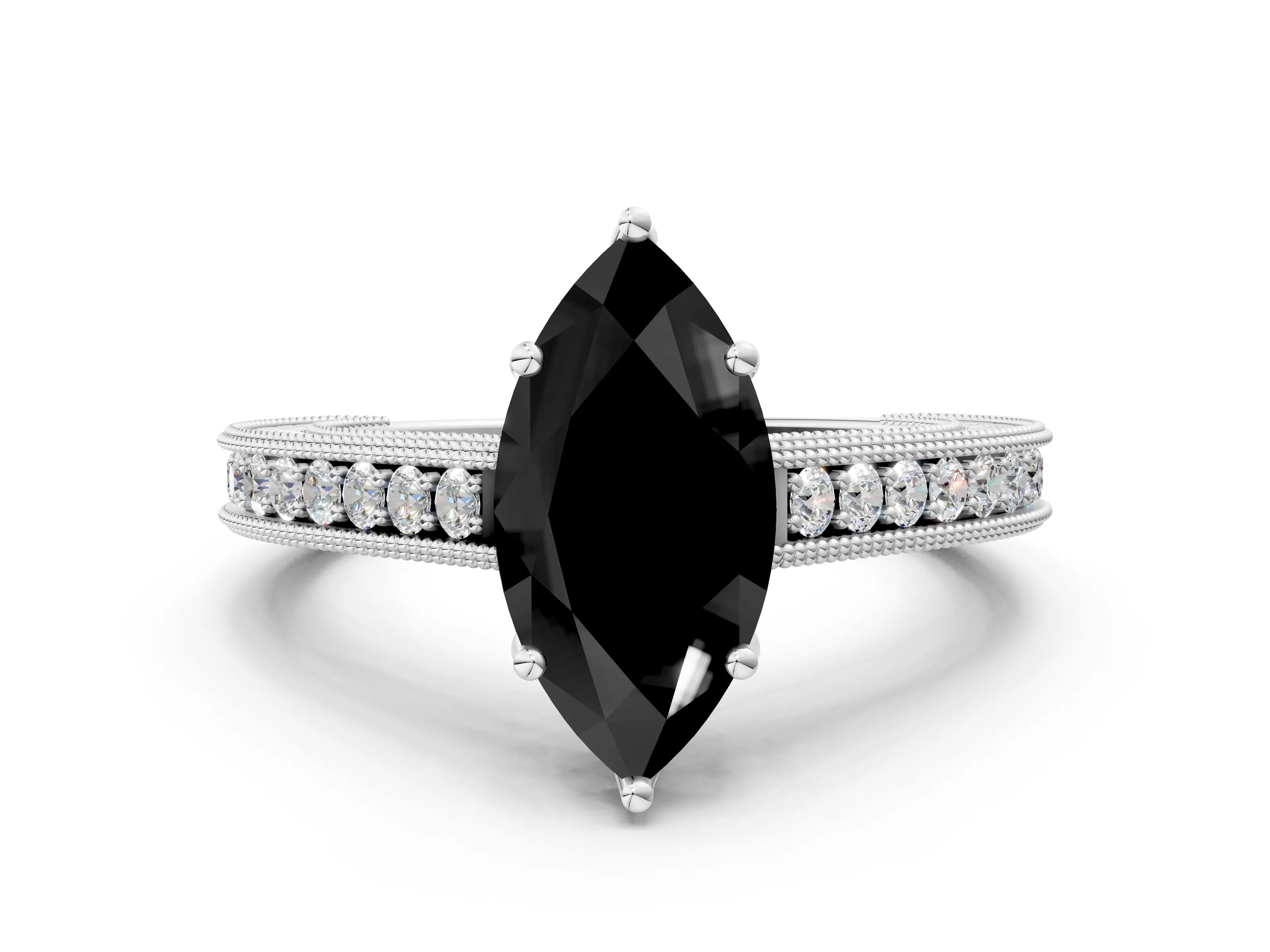 White gold Fancy Black Marquise Cut Cut Pave Band Milgrain Solitaire Ring