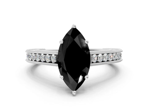 White gold Fancy Black Marquise Cut Cut Pave Band Milgrain Solitaire Ring