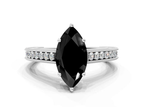 White gold Fancy Black Marquise Cut Cut Pave Band Milgrain Solitaire Ring_6