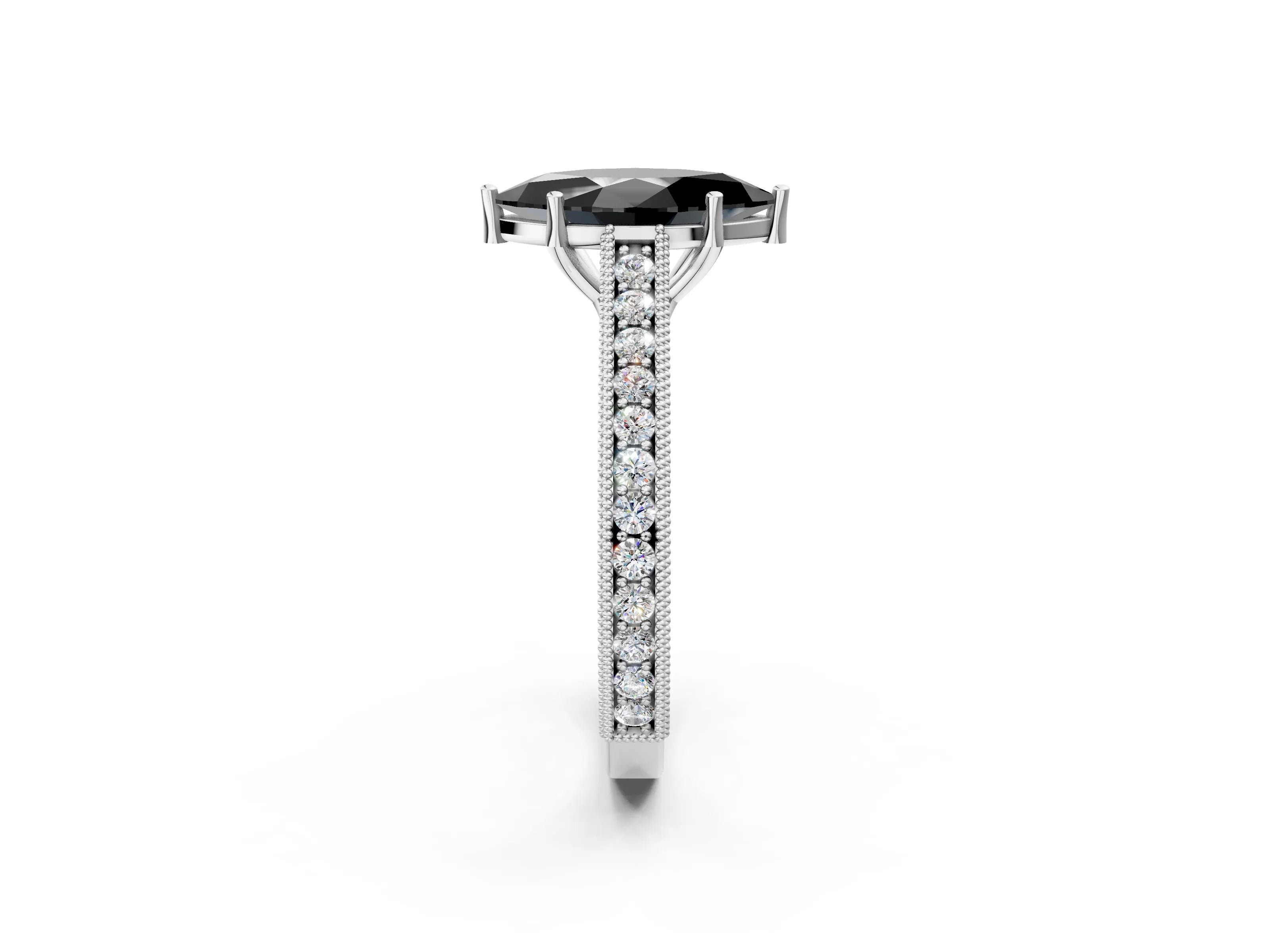 White gold Fancy Black Marquise Cut Cut Pave Band Milgrain Solitaire Ring_8