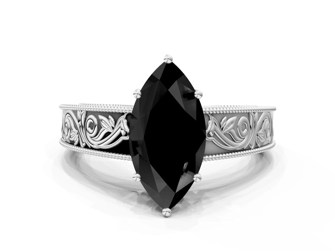 White gold Fancy Black Marquise Cut Cut Solitaire Engraved Band with Four-Prong Setting
