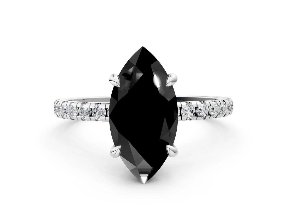 White gold Fancy Black Marquise Cut Diamond Brilliant Solitaire Ring with Pavé Band and Four-Prong Setting_12