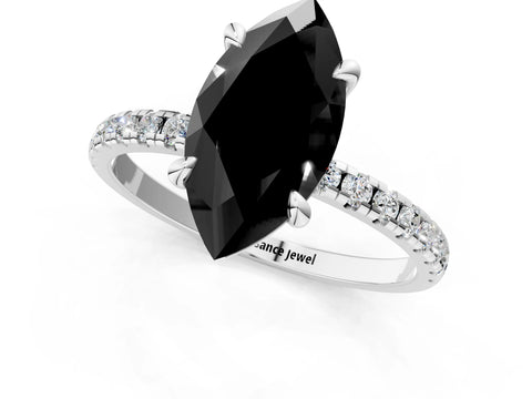 White gold Fancy Black Marquise Cut Diamond Brilliant Solitaire Ring with Pavé Band and Four-Prong Setting_1