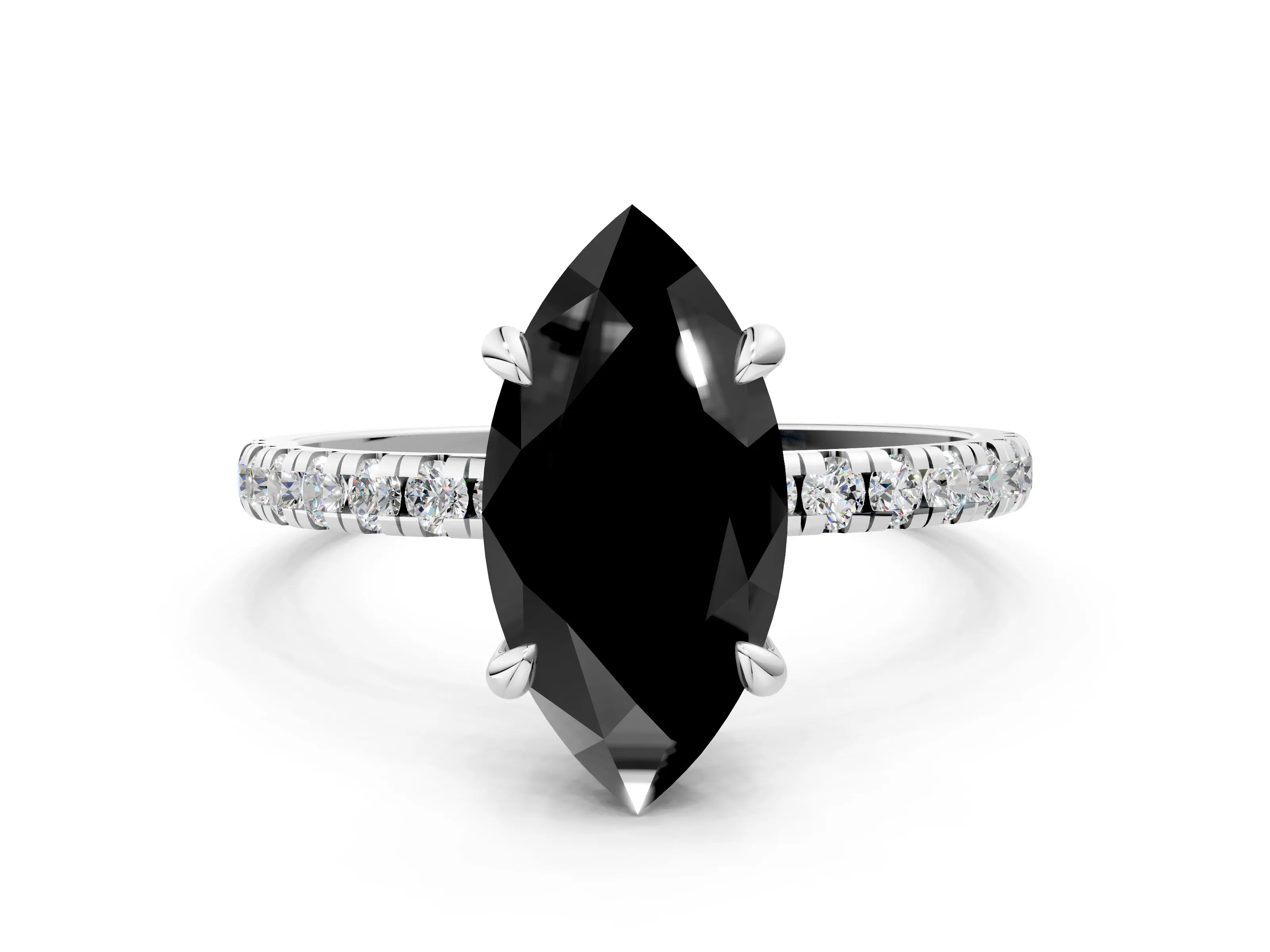 White gold Fancy Black Marquise Cut Diamond Brilliant Solitaire Ring with Pavé Band and Four-Prong Setting