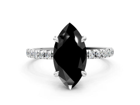 White gold Fancy Black Marquise Cut Diamond Brilliant Solitaire Ring with Pavé Band and Four-Prong Setting