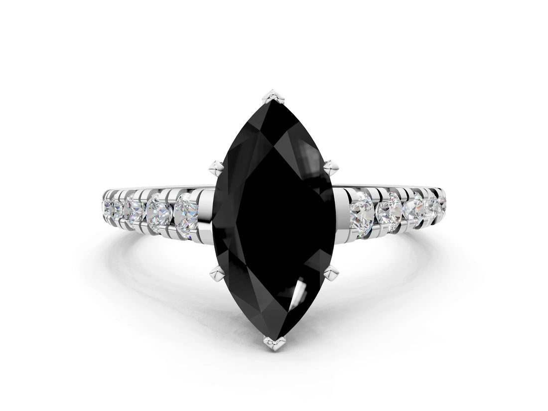 White gold Fancy Black Marquise Cut Diamond Cathedral Solitaire Ring with Round  Pavé Band_48
