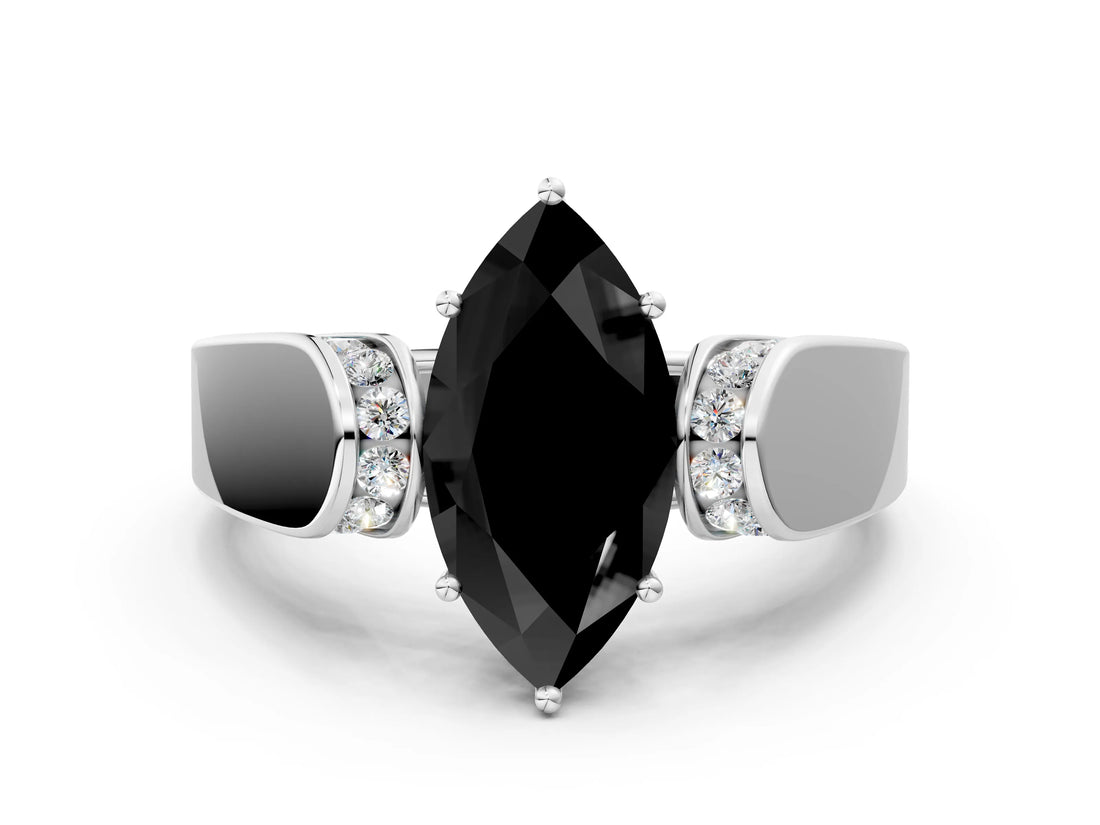 White gold Fancy Black Marquise Cut Diamond Channel Set Solitaire Ring with Four-Prong Setting_12