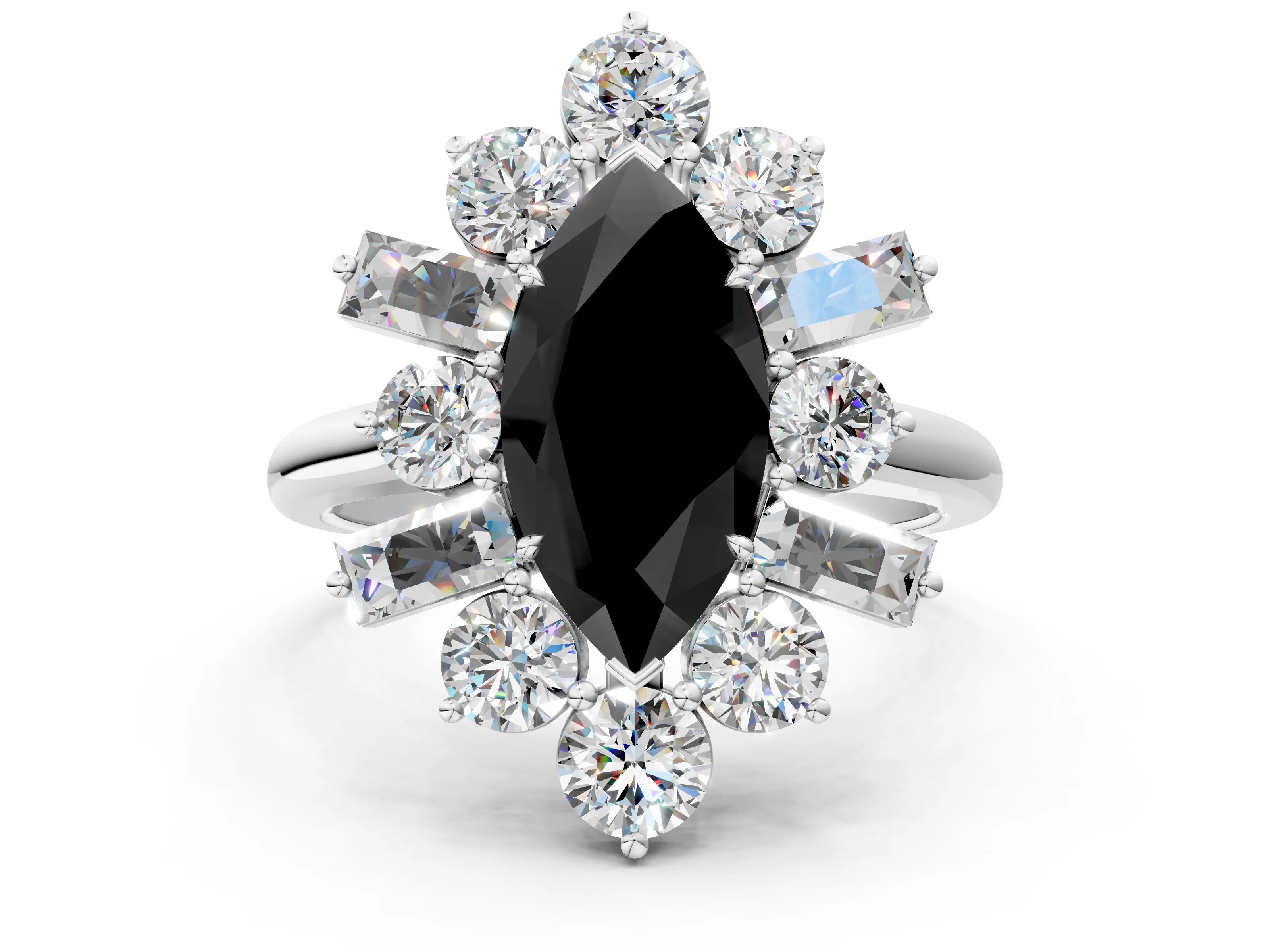 White gold Fancy Black Marquise Cut Diamond Cluster Ring with Round and Baguette Stones, Split Shank Band, Prong Setting_12