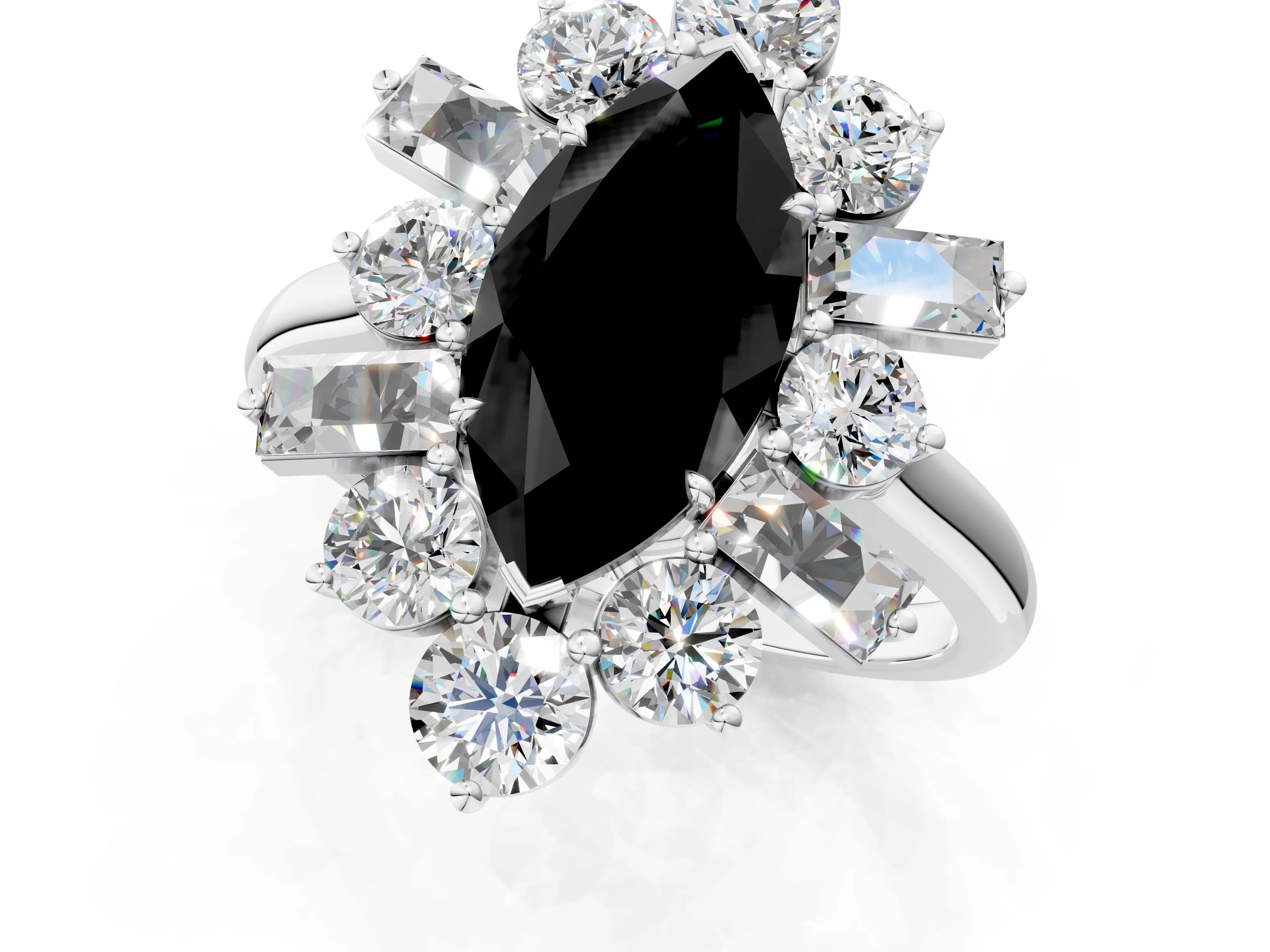 White gold Fancy Black Marquise Cut Diamond Cluster Ring with Round and Baguette Stones, Split Shank Band, Prong Setting_13