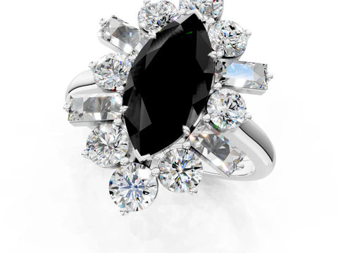 White gold Fancy Black Marquise Cut Diamond Cluster Ring with Round and Baguette Stones, Split Shank Band, Prong Setting_13