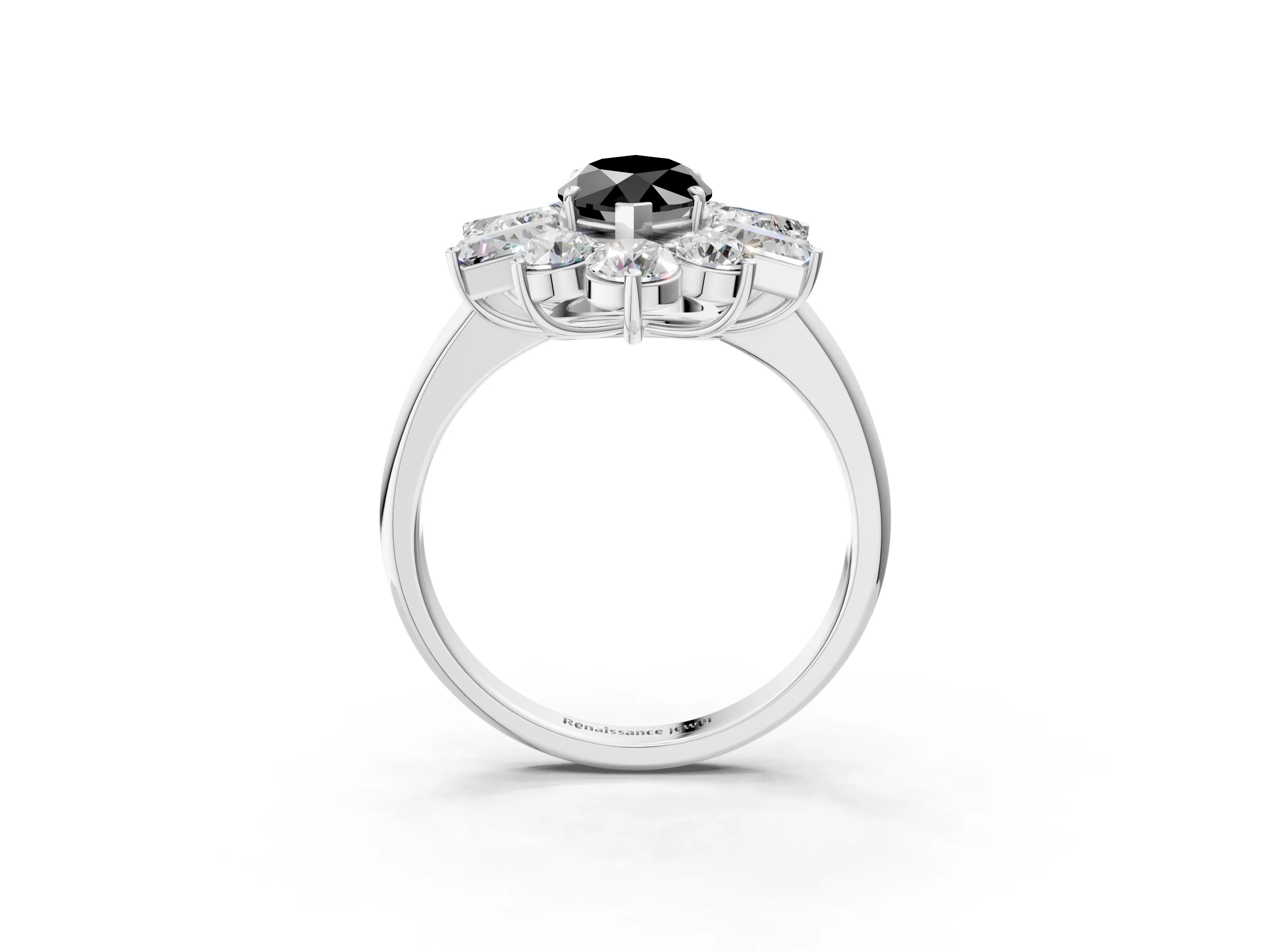 White gold Fancy Black Marquise Cut Diamond Cluster Ring with Round and Baguette Stones, Split Shank Band, Prong Setting_15