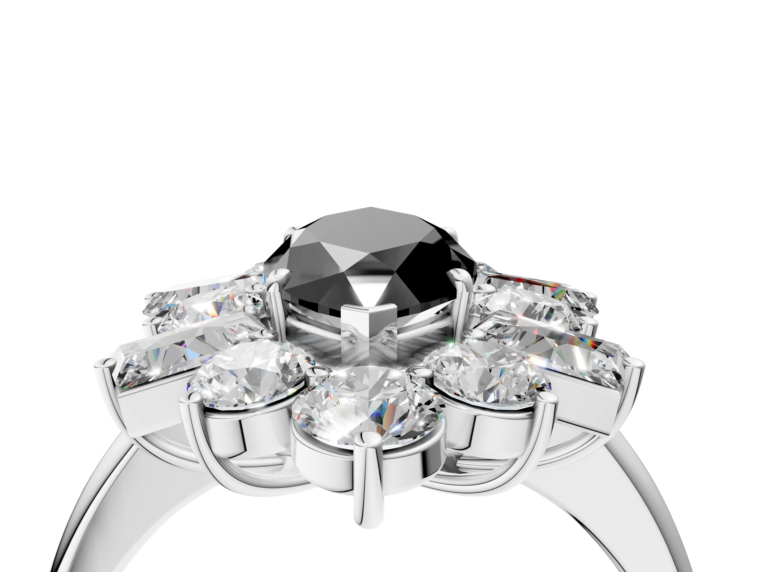 White gold Fancy Black Marquise Cut Diamond Cluster Ring with Round and Baguette Stones, Split Shank Band, Prong Setting_16