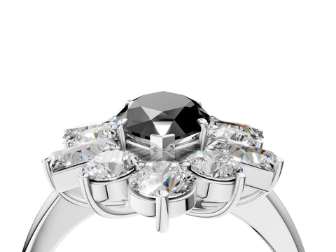 White gold Fancy Black Marquise Cut Diamond Cluster Ring with Round and Baguette Stones, Split Shank Band, Prong Setting_16