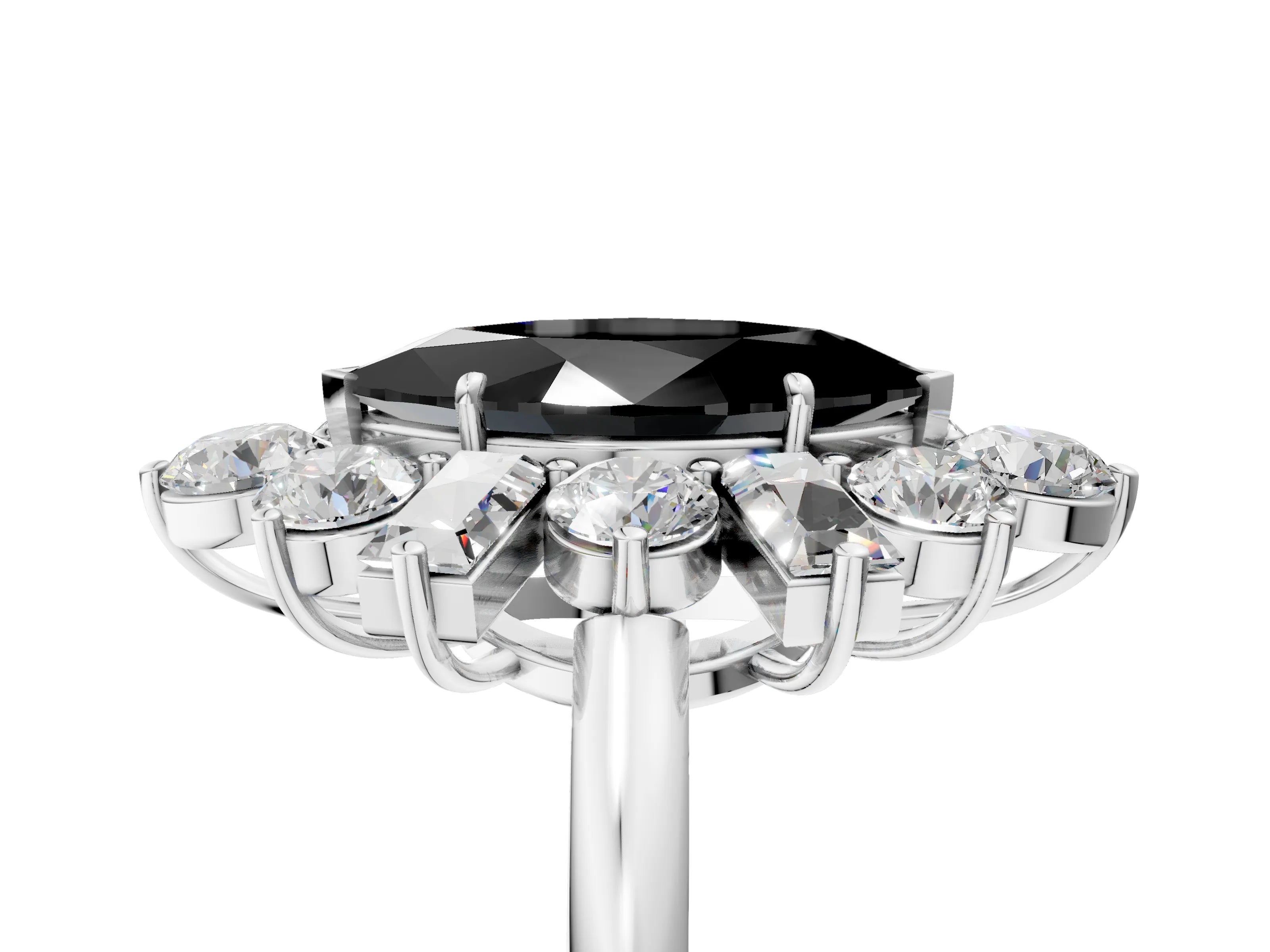 White gold Fancy Black Marquise Cut Diamond Cluster Ring with Round and Baguette Stones, Split Shank Band, Prong Setting_17