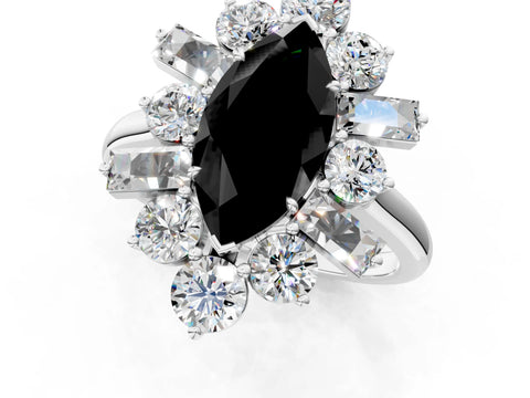 White gold Fancy Black Marquise Cut Diamond Cluster Ring with Round and Baguette Stones, Split Shank Band, Prong Setting_1