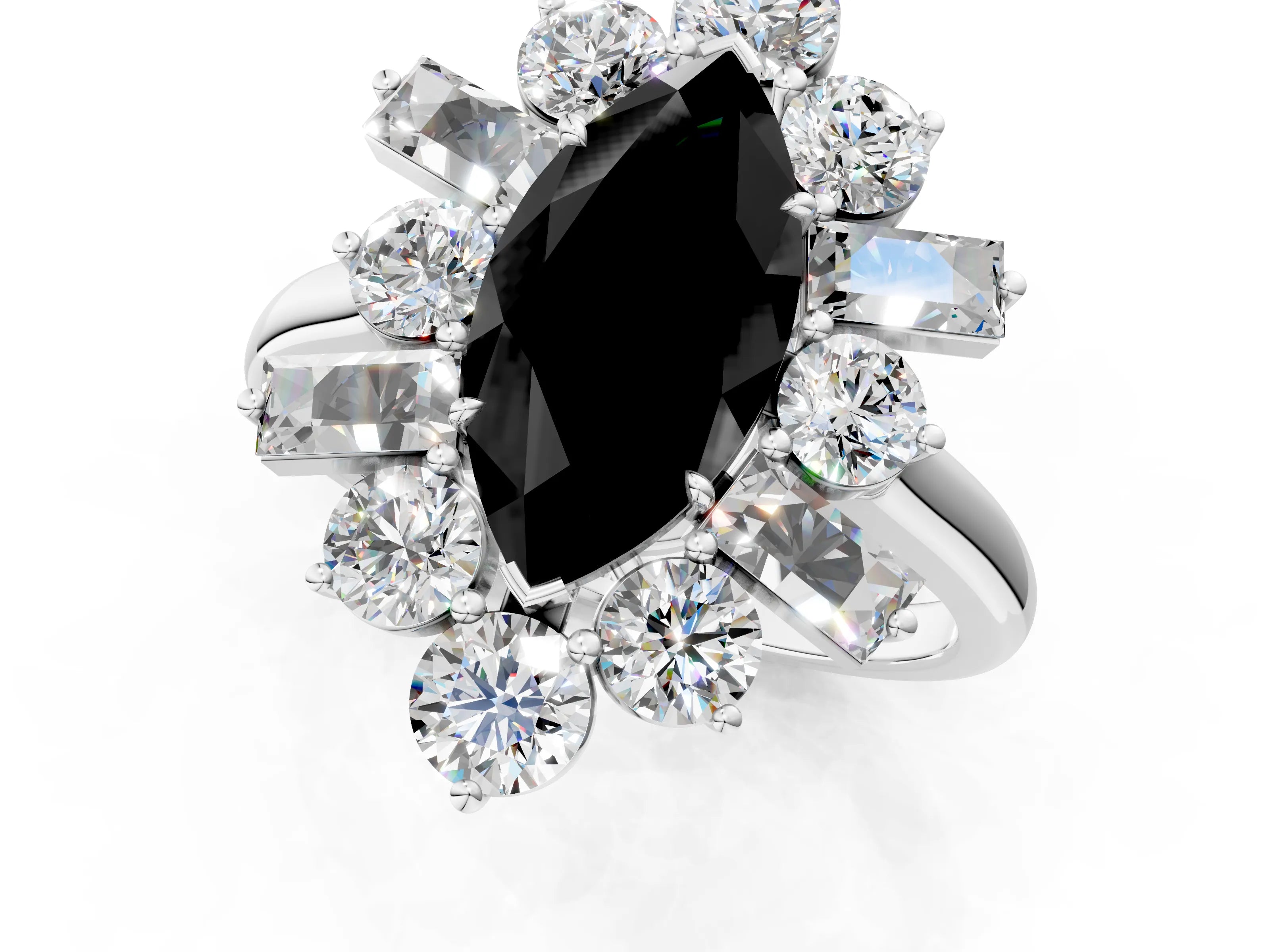 White gold Fancy Black Marquise Cut Diamond Cluster Ring with Round and Baguette Stones, Split Shank Band, Prong Setting_1