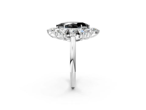 White gold Fancy Black Marquise Cut Diamond Cluster Ring with Round and Baguette Stones, Split Shank Band, Prong Setting_2