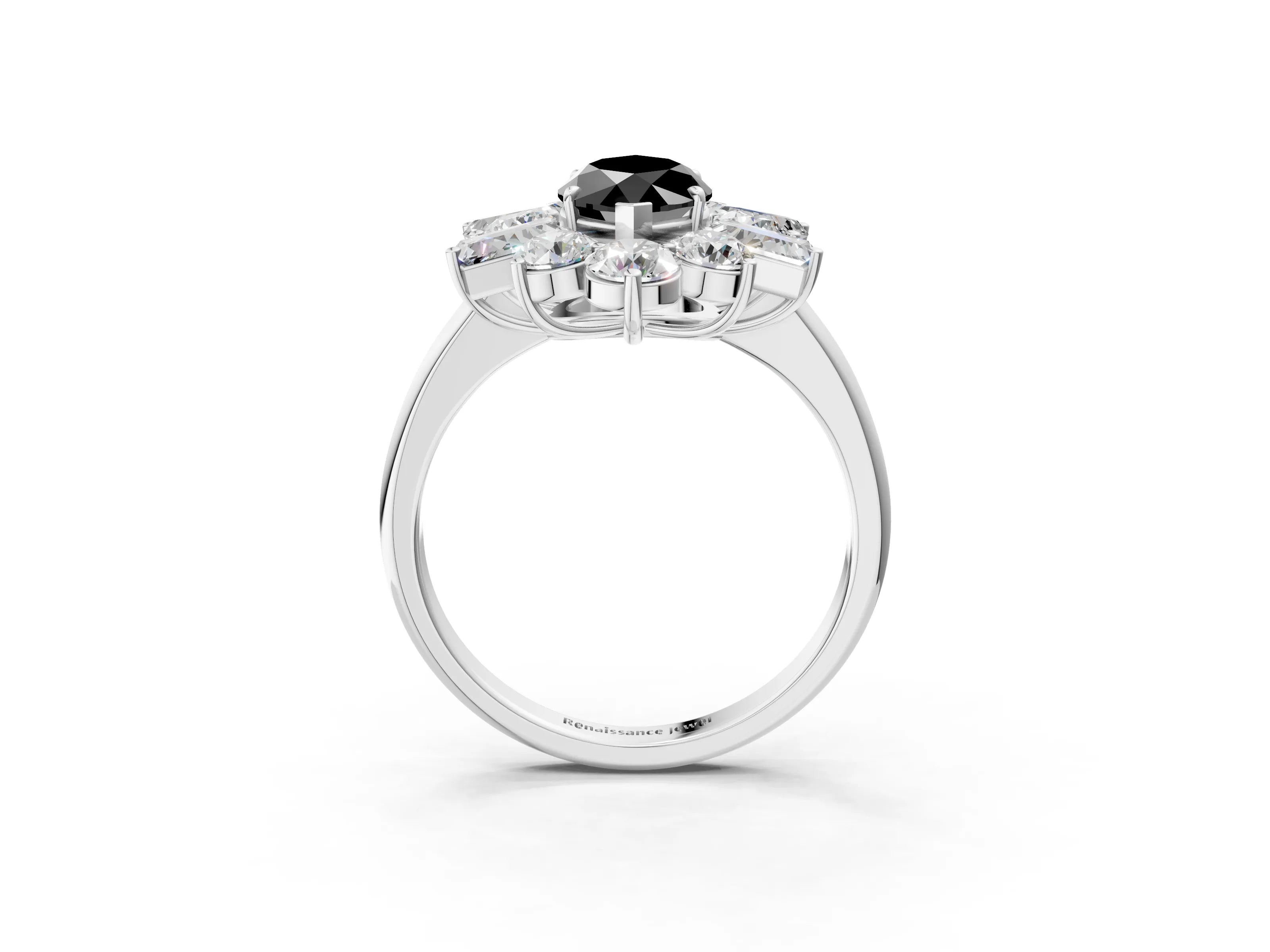White gold Fancy Black Marquise Cut Diamond Cluster Ring with Round and Baguette Stones, Split Shank Band, Prong Setting_3