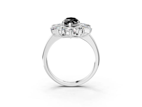 White gold Fancy Black Marquise Cut Diamond Cluster Ring with Round and Baguette Stones, Split Shank Band, Prong Setting_3