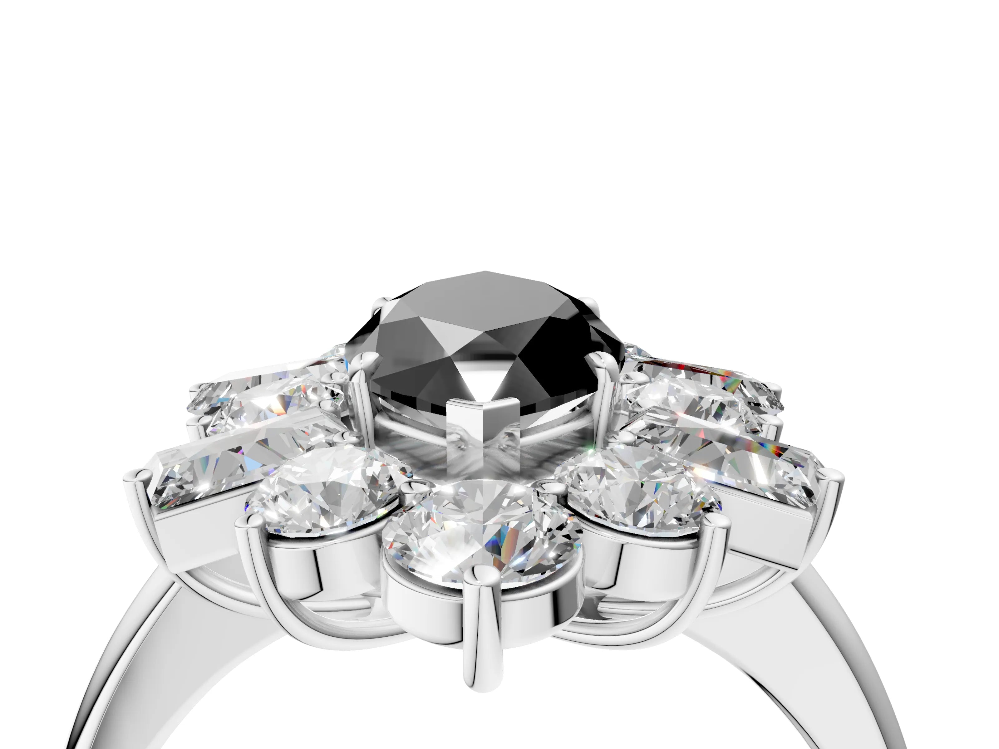 White gold Fancy Black Marquise Cut Diamond Cluster Ring with Round and Baguette Stones, Split Shank Band, Prong Setting_4