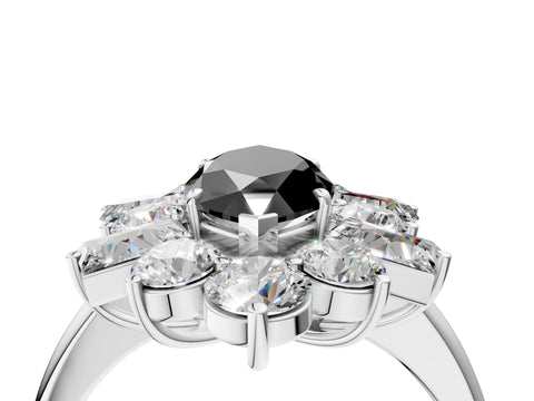 White gold Fancy Black Marquise Cut Diamond Cluster Ring with Round and Baguette Stones, Split Shank Band, Prong Setting_4