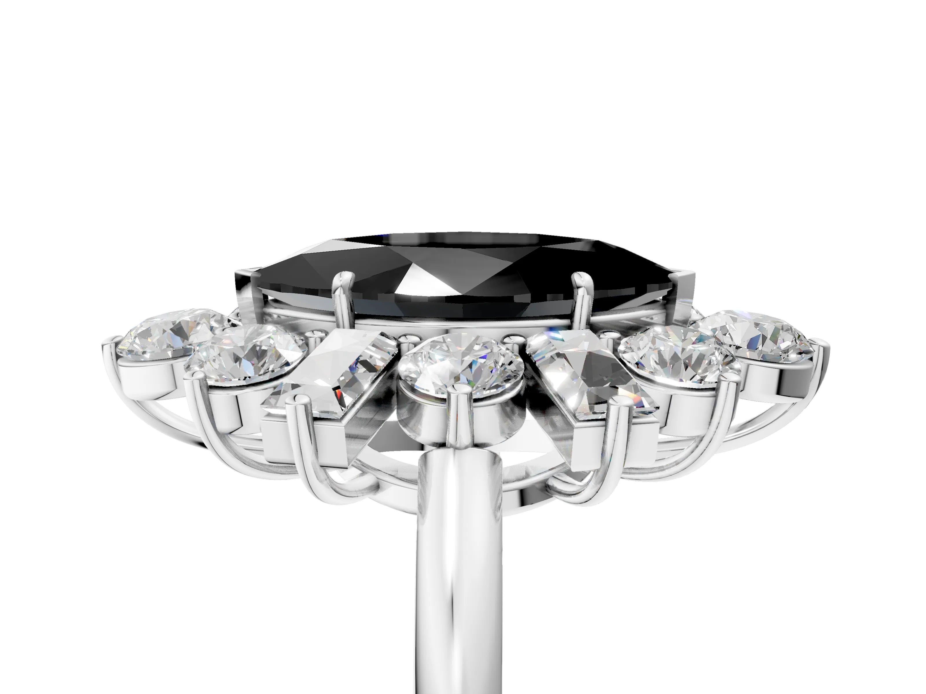 White gold Fancy Black Marquise Cut Diamond Cluster Ring with Round and Baguette Stones, Split Shank Band, Prong Setting_5
