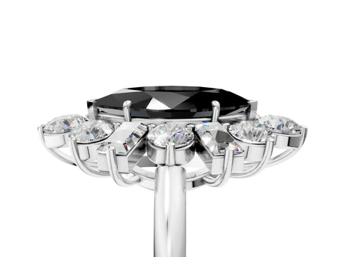 White gold Fancy Black Marquise Cut Diamond Cluster Ring with Round and Baguette Stones, Split Shank Band, Prong Setting_5