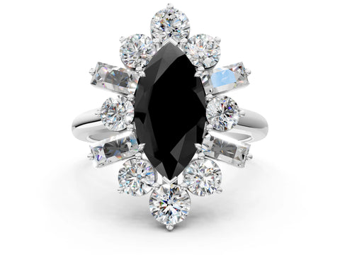 White gold Fancy Black Marquise Cut Diamond Cluster Ring with Round and Baguette Stones, Split Shank Band, Prong Setting