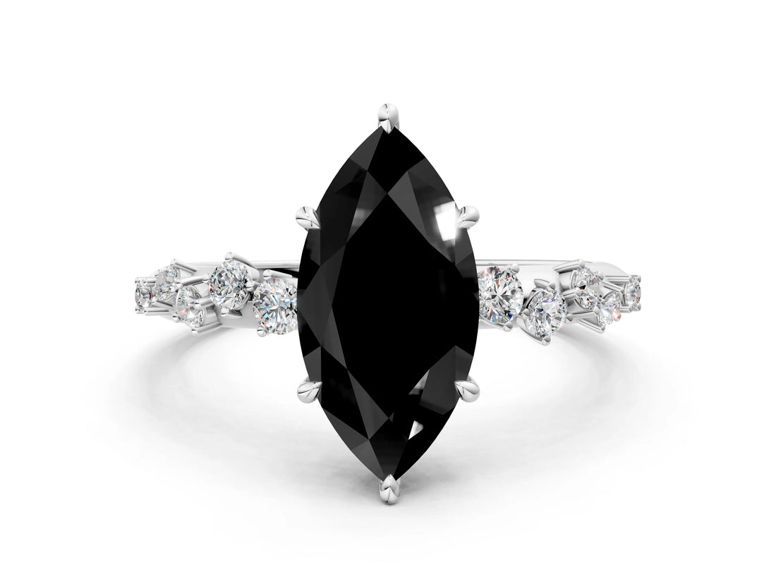 White gold Fancy Black Marquise Cut Diamond Cluster Side Stone Solitaire Ring with Prong Setting_48