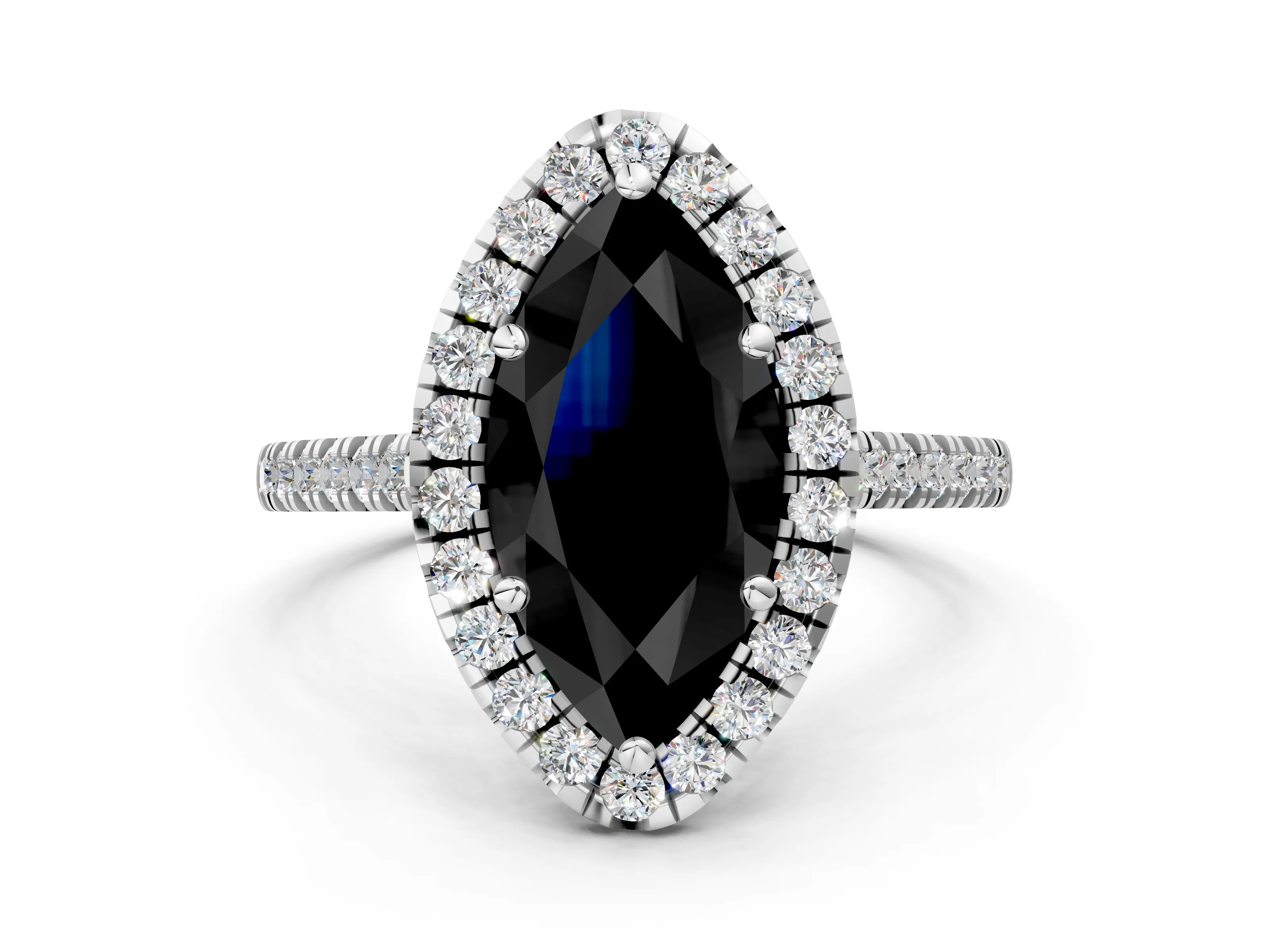 White gold Fancy Black Marquise Cut Diamond Cushion Halo Ring with Pavé Band_12