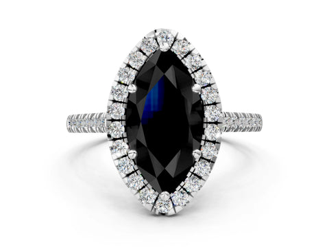 White gold Fancy Black Marquise Cut Diamond Cushion Halo Ring with Pavé Band_12