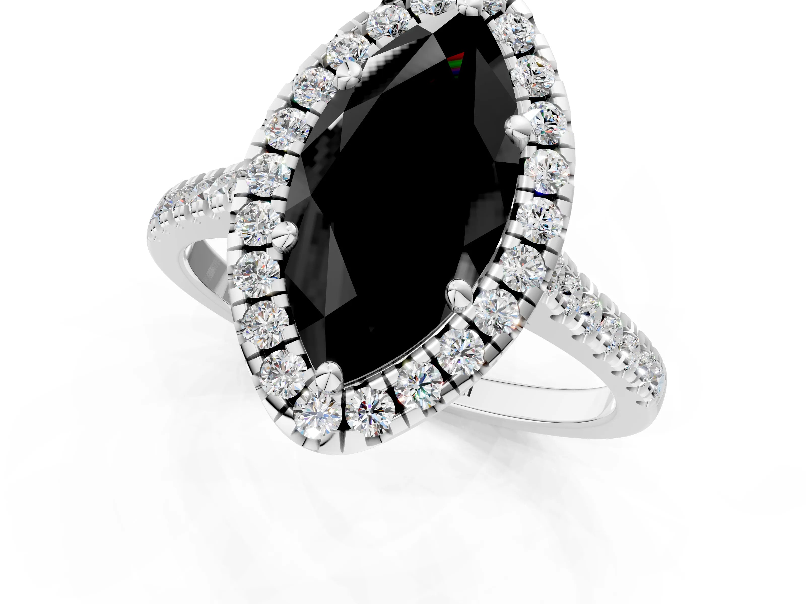 White gold Fancy Black Marquise Cut Diamond Cushion Halo Ring with Pavé Band_13