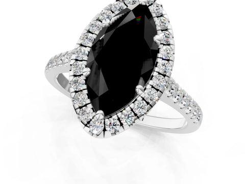 White gold Fancy Black Marquise Cut Diamond Cushion Halo Ring with Pavé Band_13