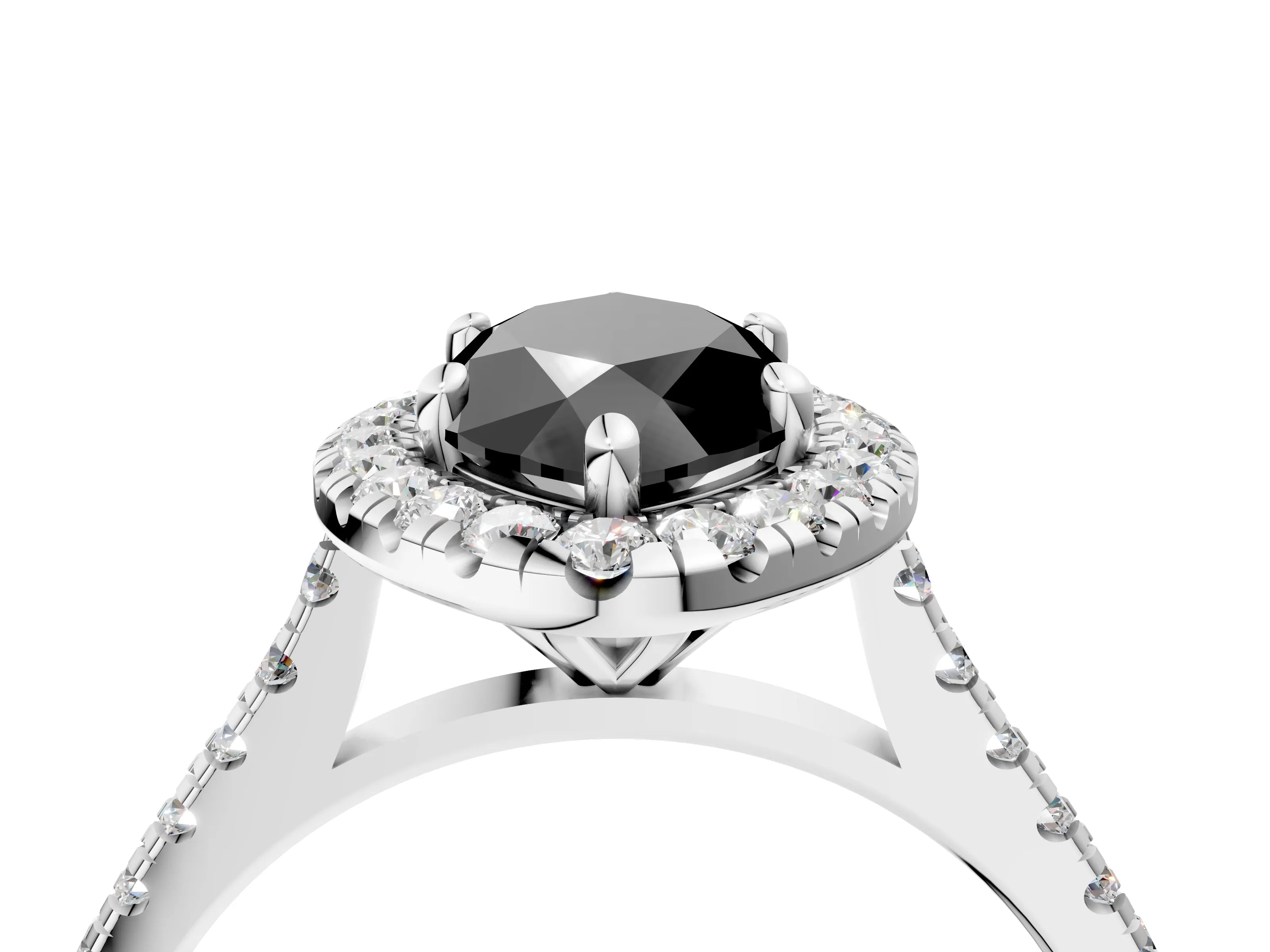 White gold Fancy Black Marquise Cut Diamond Cushion Halo Ring with Pavé Band_16