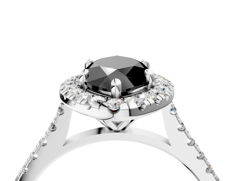 White gold Fancy Black Marquise Cut Diamond Cushion Halo Ring with Pavé Band_16