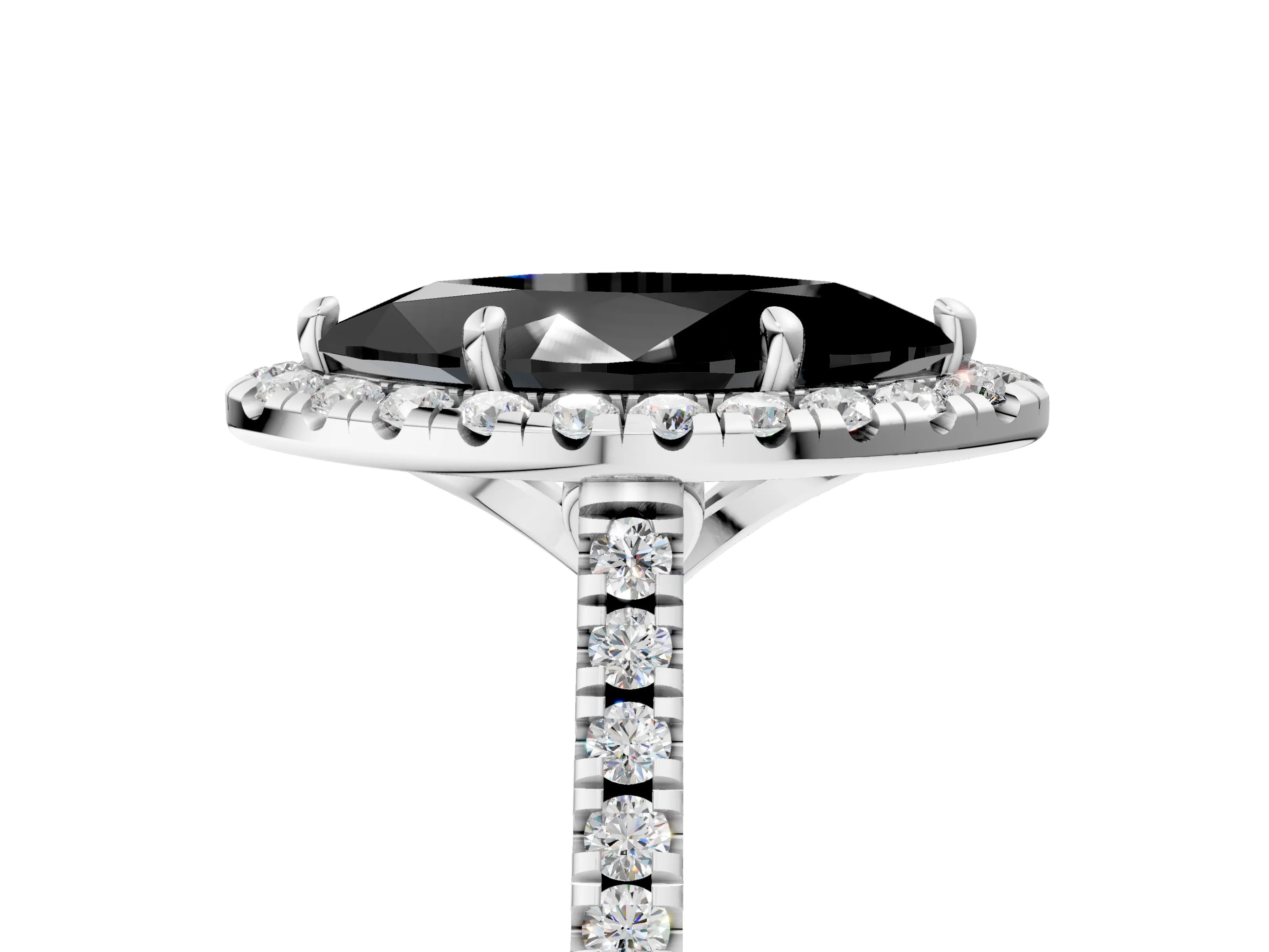 White gold Fancy Black Marquise Cut Diamond Cushion Halo Ring with Pavé Band_17