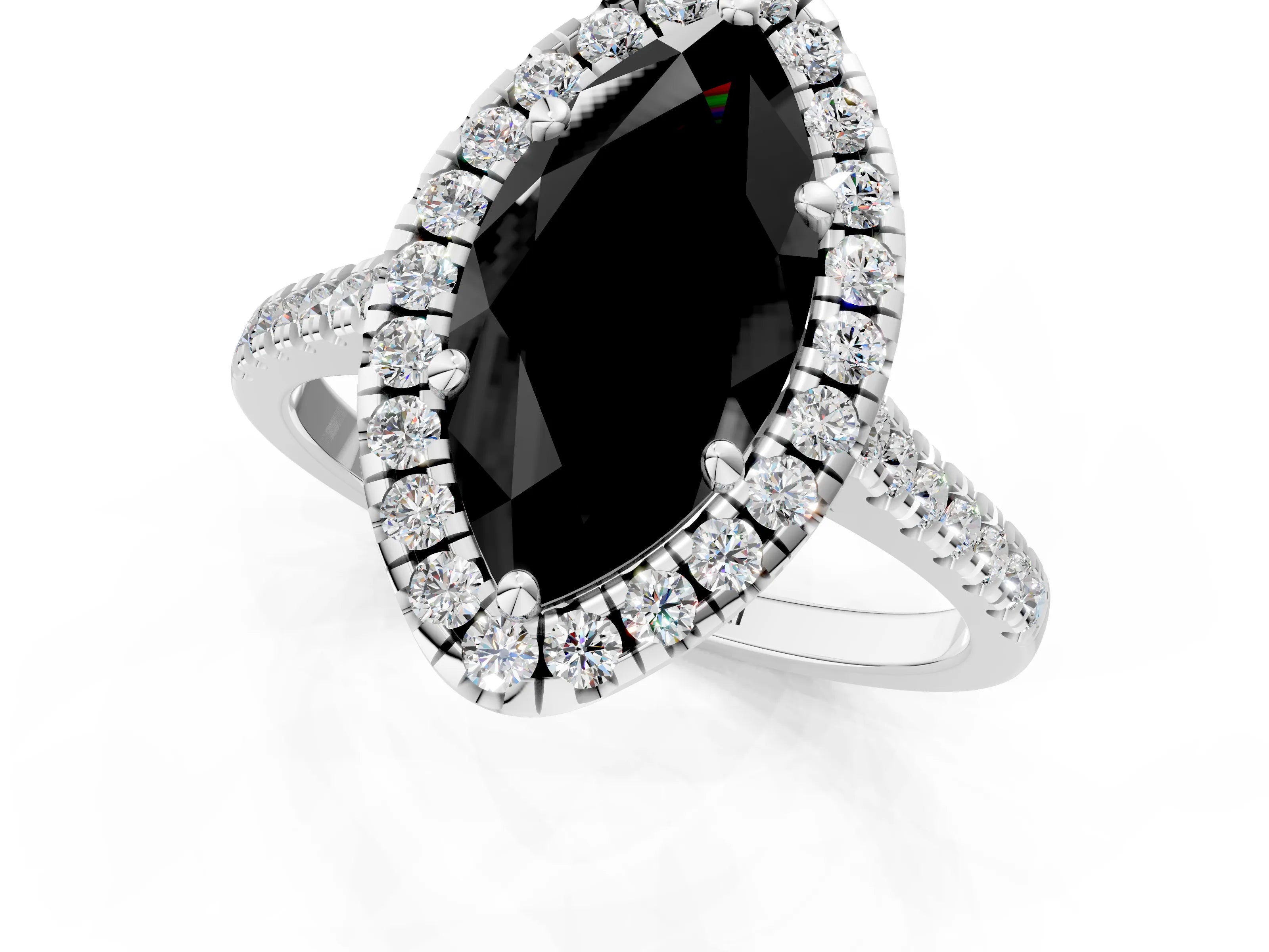 White gold Fancy Black Marquise Cut Diamond Cushion Halo Ring with Pavé Band_1
